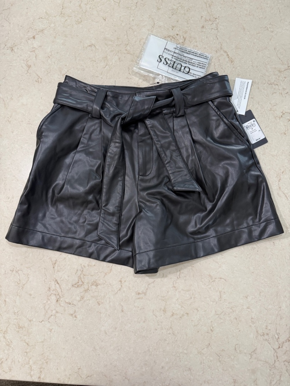 GUESS Black Faux Leather High-Waist Tie-Belt Shorts size medium NWT - Picture 2 of 9